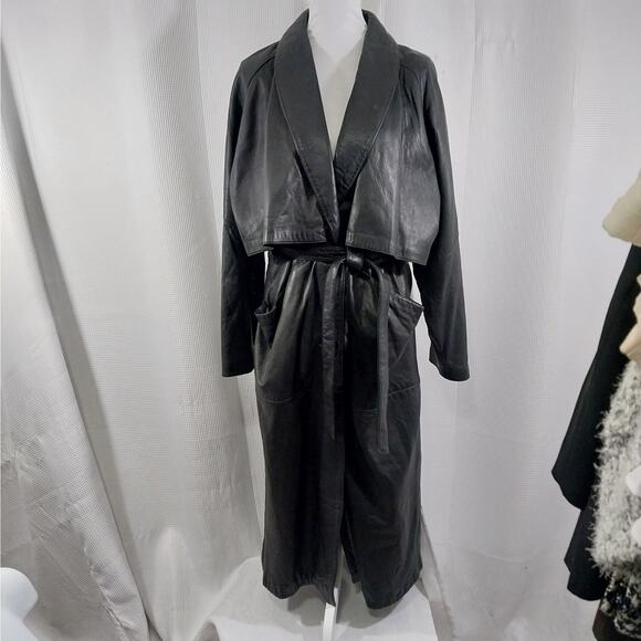 G-III LEATHER! GORGEOUS BLACK GENUINE LEATHER FULL LENGTH TRENCH COAT! SZ M - Picture 2 of 14